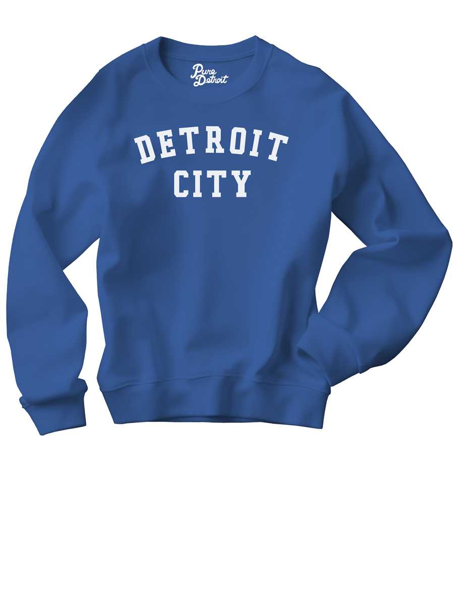 Detroit City Unisex Premium Sponge Fleece Sweatshirt - White / Royal Clothing