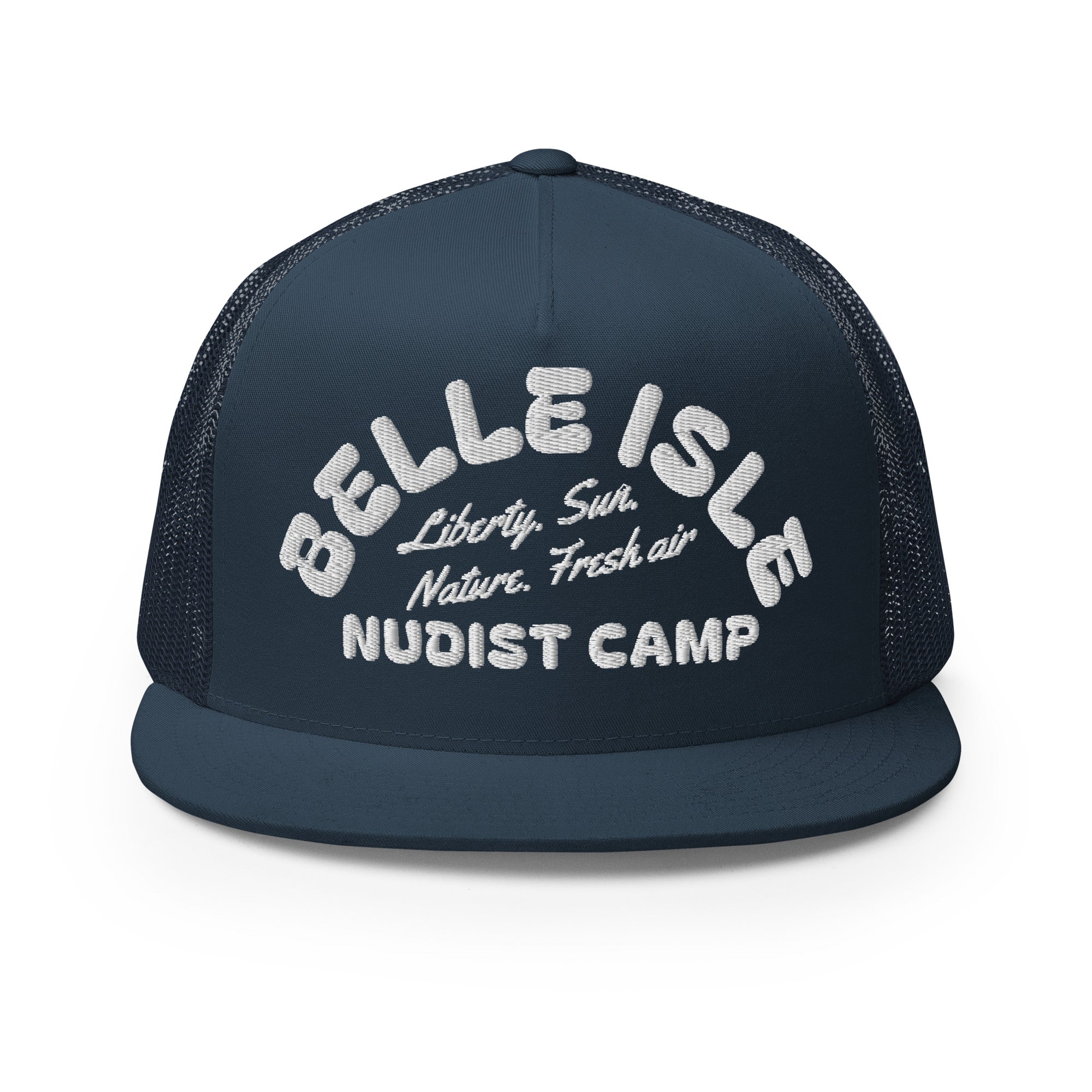 Belle Isle Nudist Camp Trucker Cap - Navy - Embroidered with White Hat Default Title