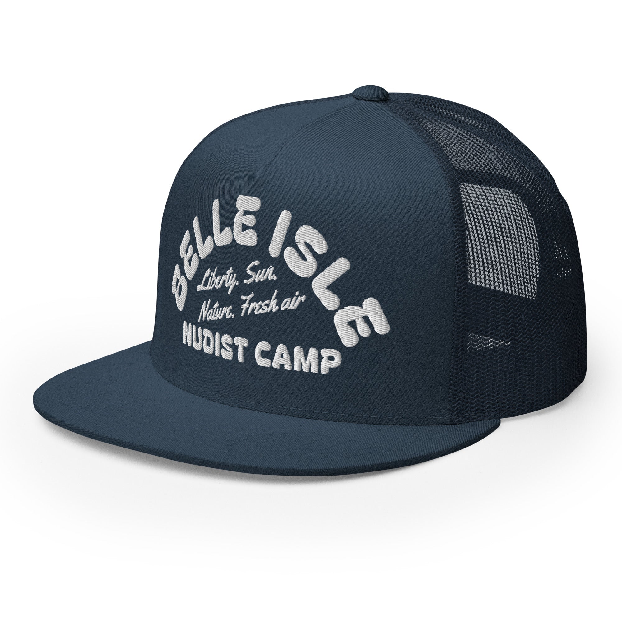 Belle Isle Nudist Camp Trucker Cap - Navy - Embroidered with White Hat
