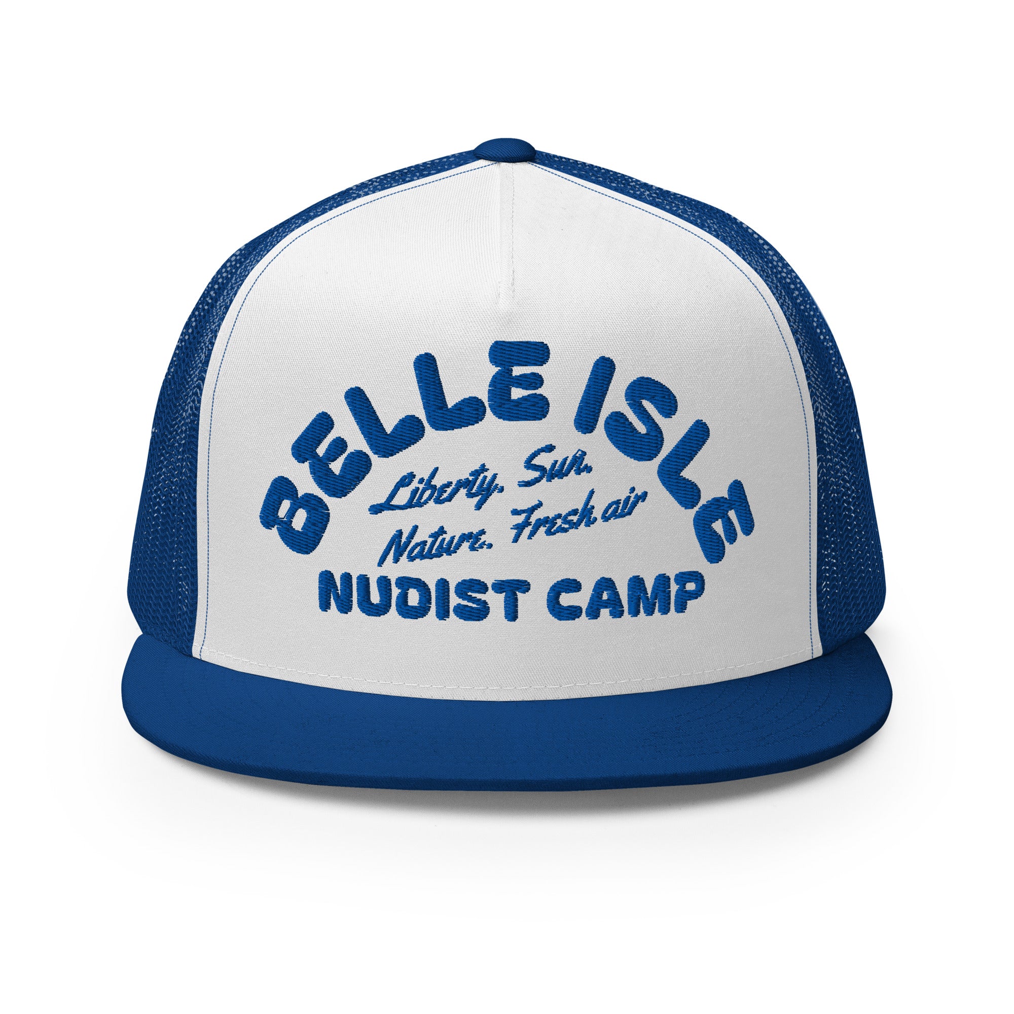 Belle Isle Nudist Camp Trucker Cap - Royal / White - Embroidered with Royal Hat Default Title