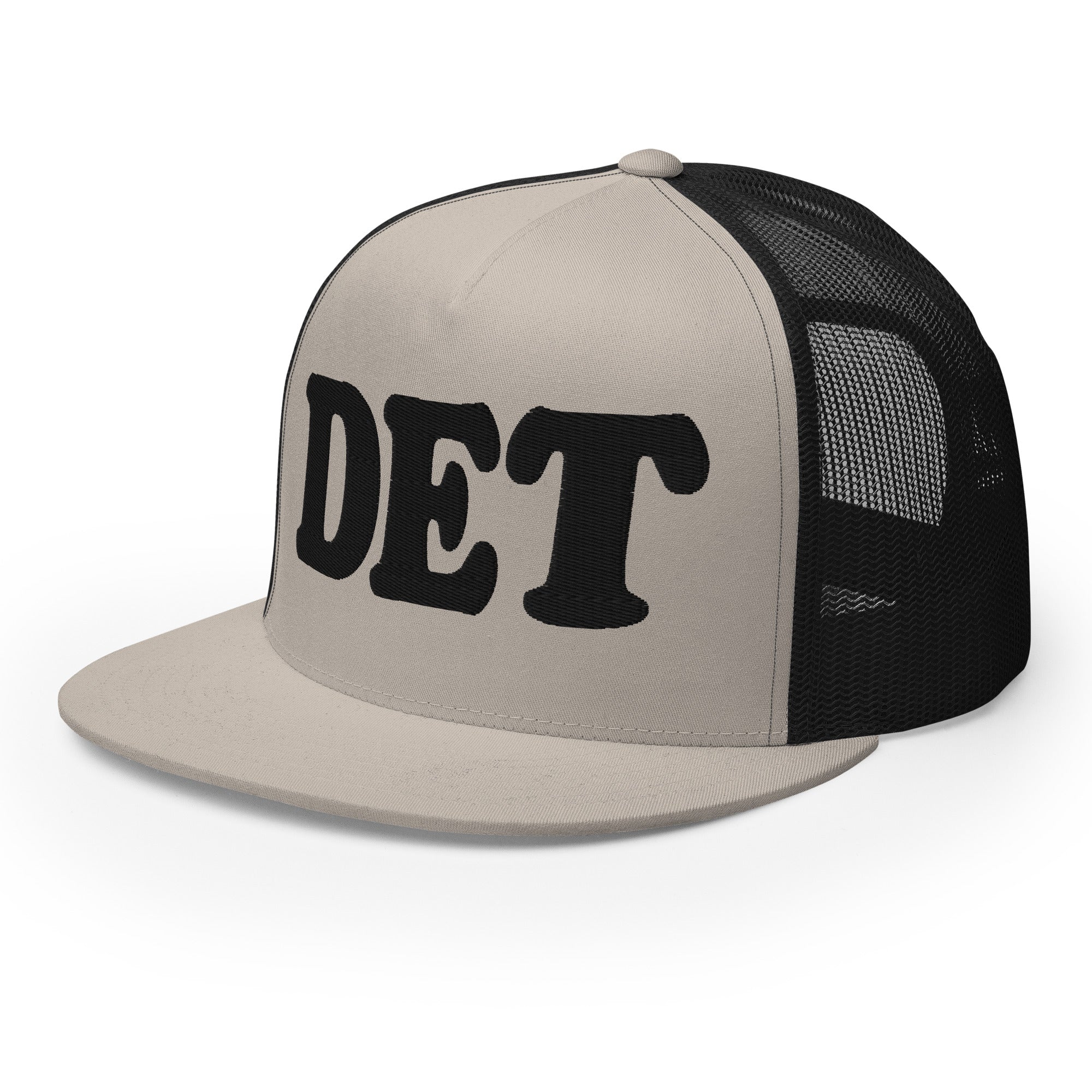 DET Detroit Trucker Cap - Black and Silver - Embroidered with Black Hat