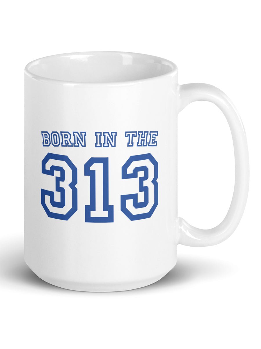 Born In The 313 Ceramic Coffee Mug 15 oz - White / Blue