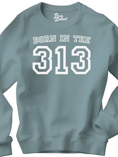 Born in the 313 Premium Sweatshirt - White / Blue Lagoon Clothing