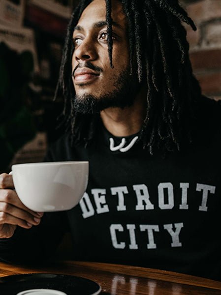 Detroit City Pullover Sponge Fleece Hooded Sweatshirt / White + Black / Unisex