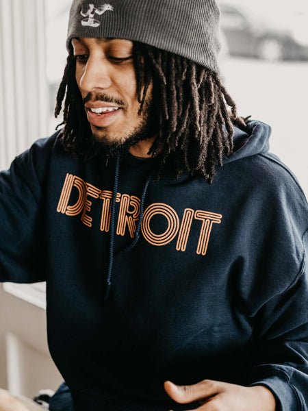 Detroit Neon Pullover Hooded Sweatshirt / Orange + Navy / Unisex Pullover