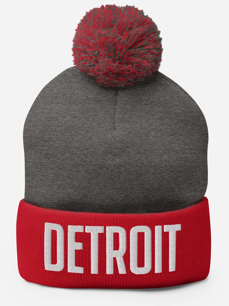Detroit Embroidered Pom-Pom Beanie - Red / Gray / White Pom Pom Beanie