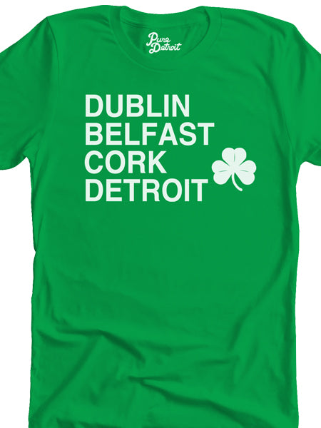 Dublin Belfast Cork Detroit Unisex T-shirt - White / Irish Green Clothing   