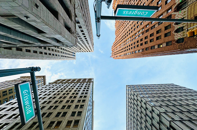 Downtown Detroit Skyscrapers - the Buhl Building, Guardian Building, Ford Building and the Chase Bank of Detroit Building as seen looking up from the corner of Congress Street and Griswold Street - all part of the Pure Detroit Skyscraper Tour