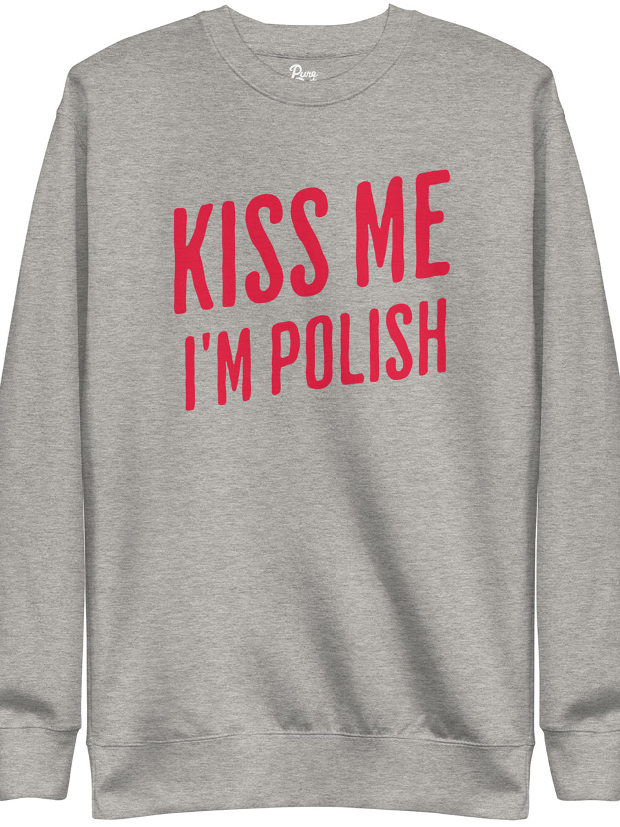 Kiss Me I'm Polish Unisex Premium Sweatshirt - Athletic Gray / Red sweatshirt