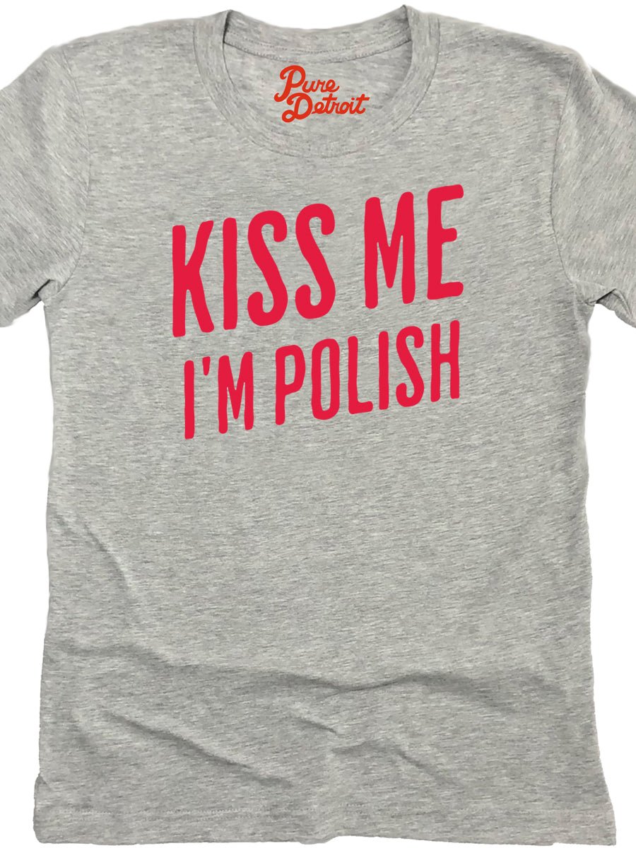 Kiss Me I'm Polish Women's Premium Relaxed T-Shirt - Athletic Gray / Red t-shirt