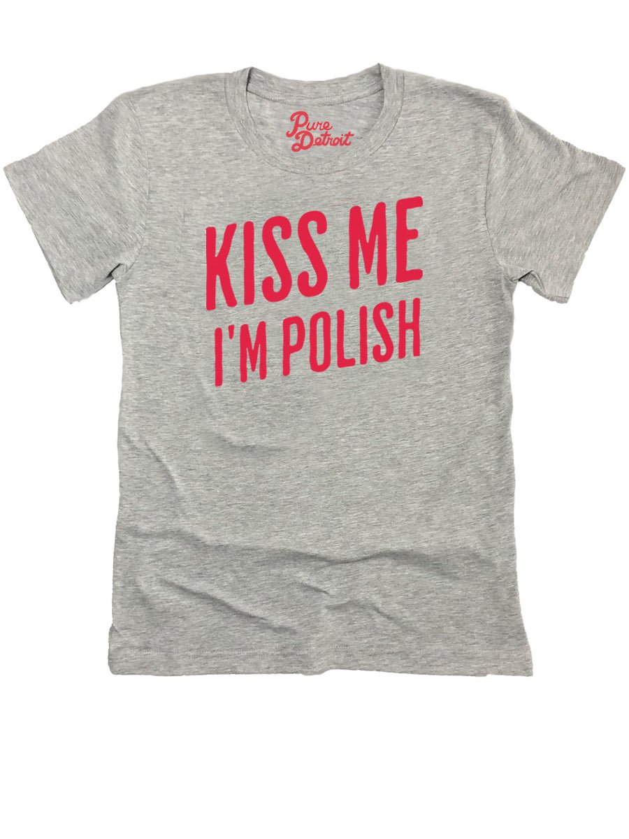 Kiss Me I'm Polish Women's Premium Relaxed T-Shirt - Athletic Gray / Red t-shirt