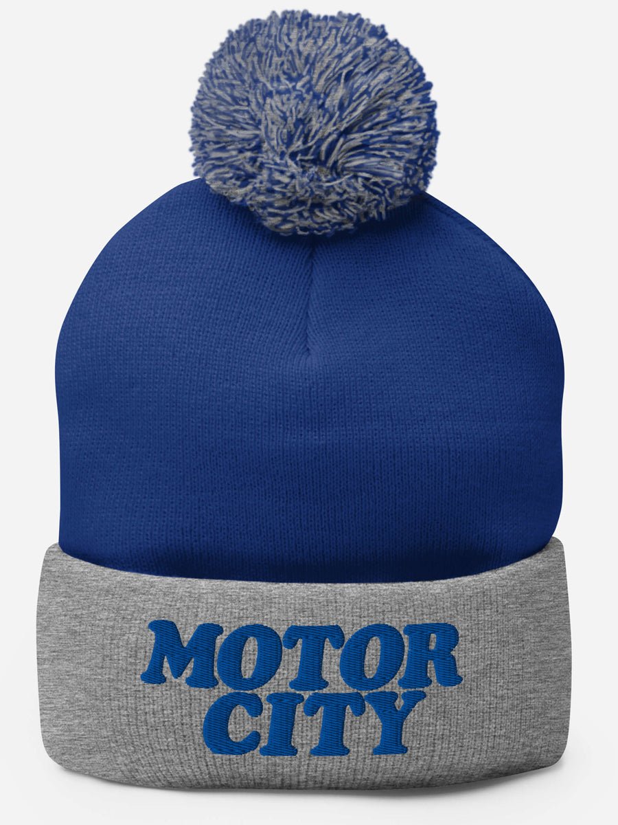 Motor City Embroidered Pom-Pom Beanie - Blue / Gray Pom Pom Beanie