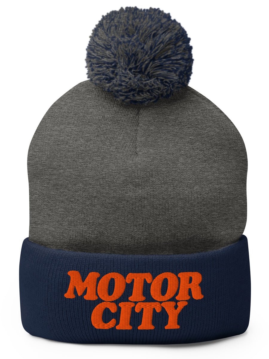 Motor City Pom-Pom Beanie - Navy / Gray / Orange Pom Pom Beanie