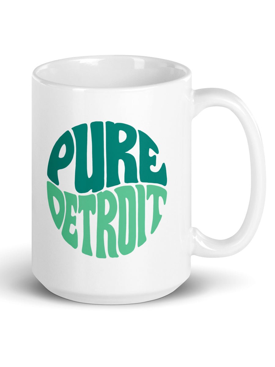 Pure Detroit 70's Retro Ceramic Coffee Mug 15 oz - White / Greens mug