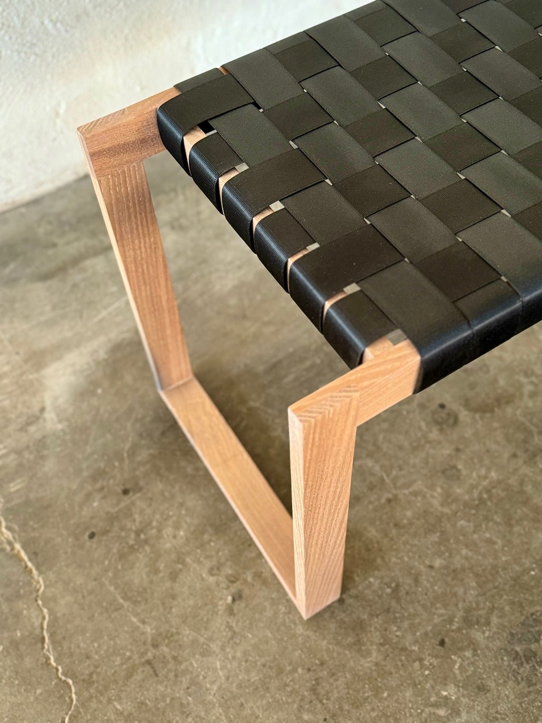 Motor City Seatbelt Bench - Overdrive - White Oak Frame with Black Seatbelt Belts seatbelt bench