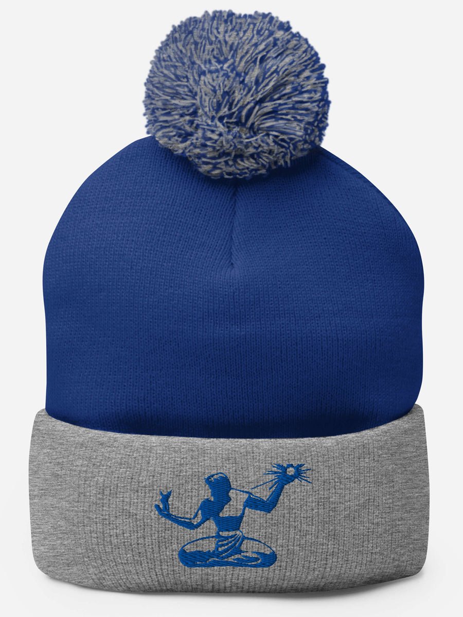 Spirit of Detroit Embroidered Pom-Pom Beanie - Blue /Gray Pom Pom Beanie