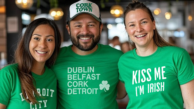 Two women and one man wearing St Patrick's Day Detroit t-shirts in Irish green by Pure Detroit