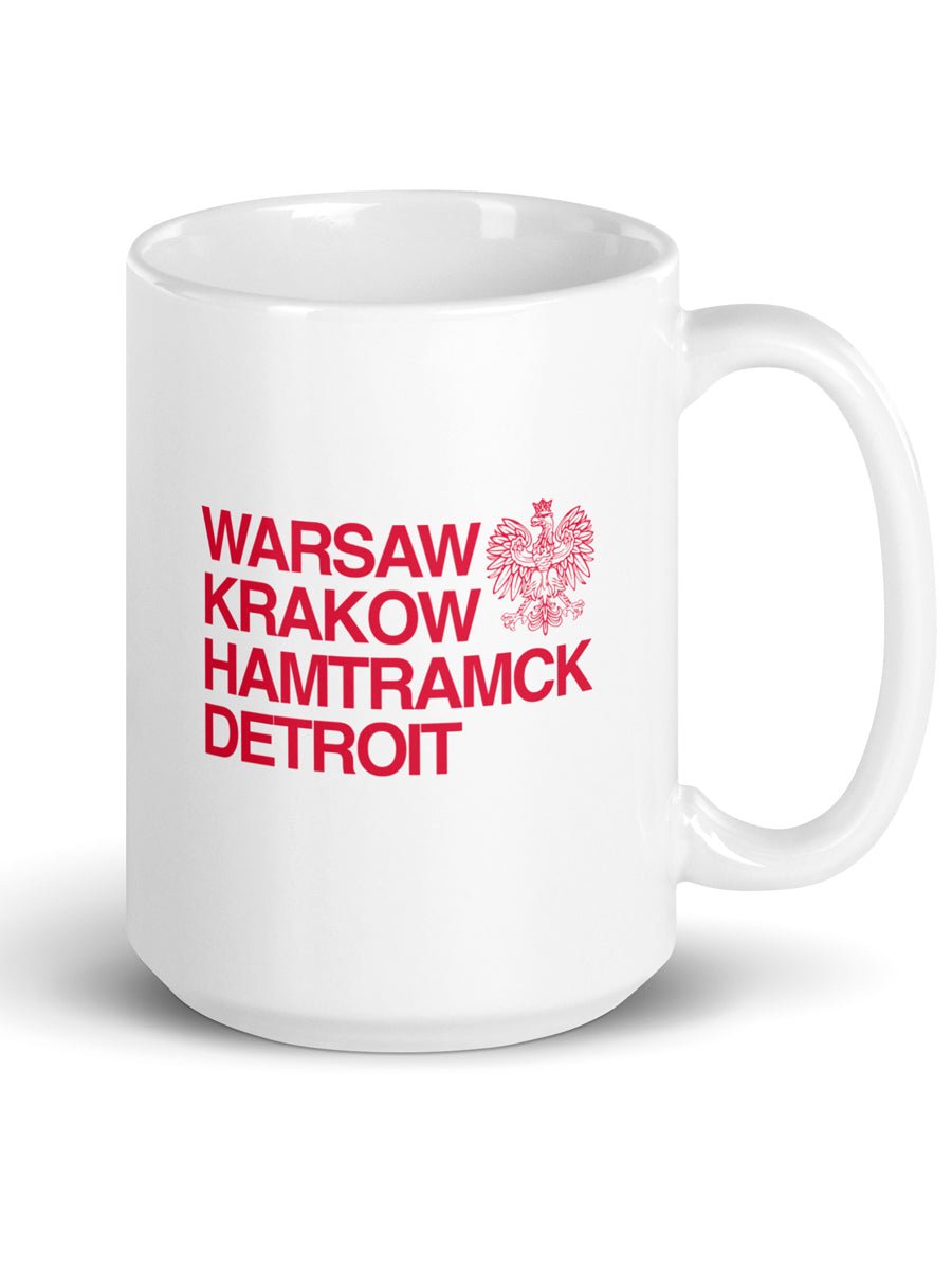 Warsaw Krakow Hamtramck Detroit Ceramic Coffee Mug 15 oz - White / Red Coffee Mug