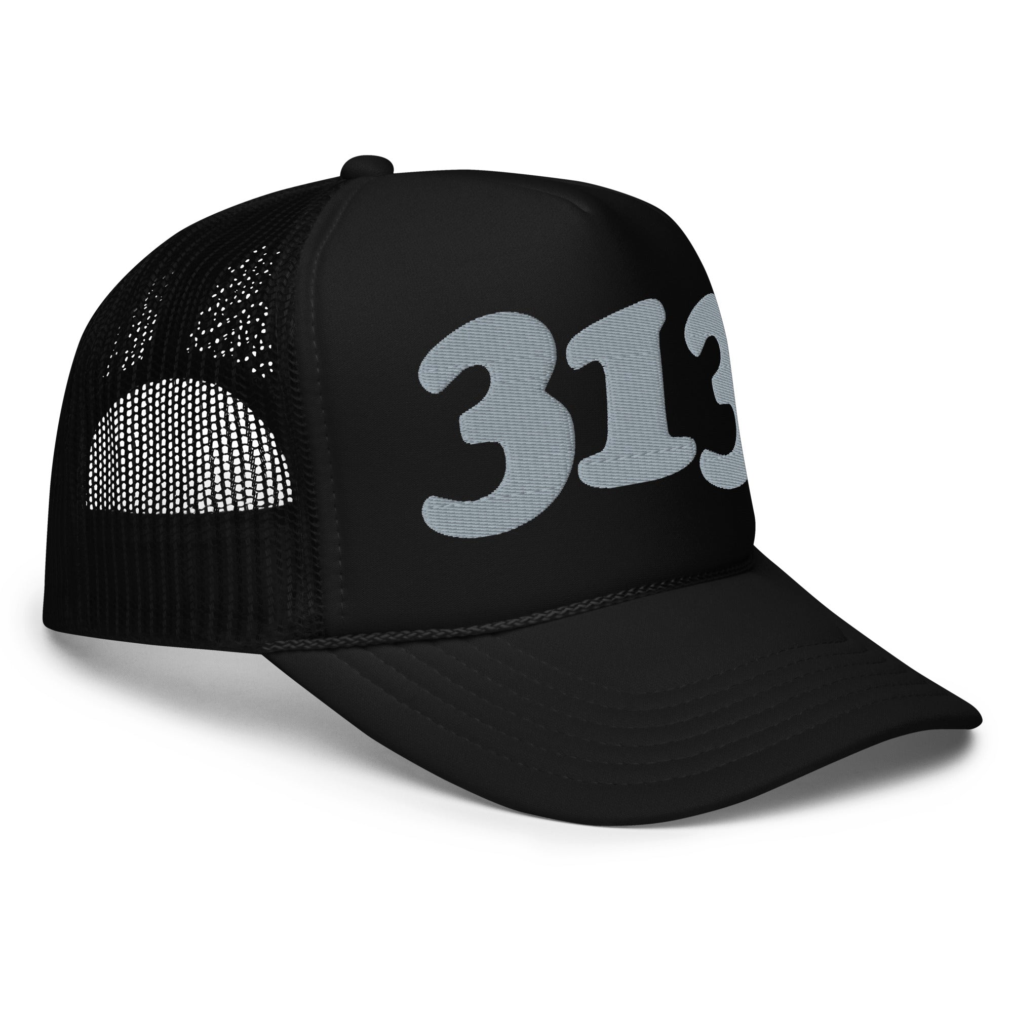 313 Detroit Foam Trucker Hat - Black - Embroidered with Gray Hat