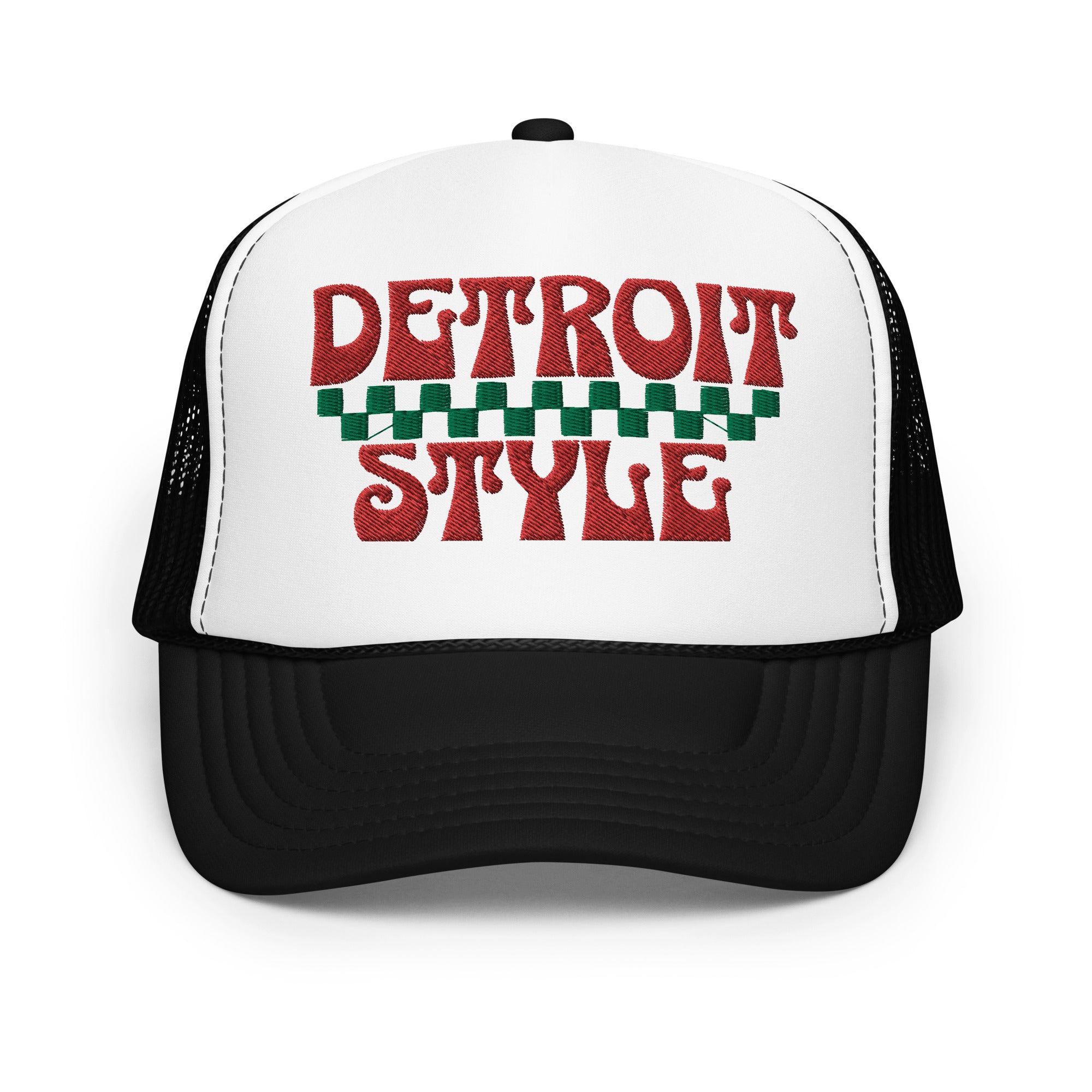 Detroit Style Foam Trucker Hat - Black & White - Embroidered with Red & Green Hat Default Title  