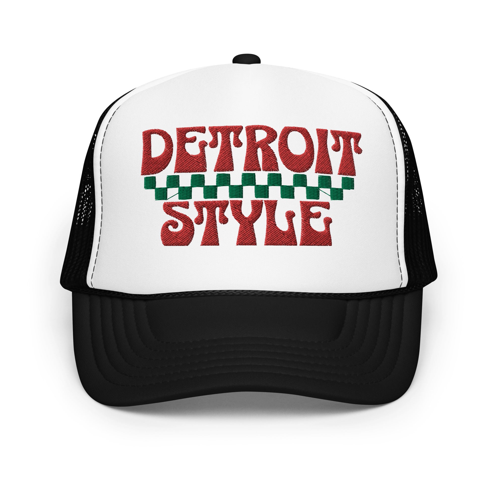 Detroit Style Pizza Foam Trucker Hat - Black & White - Embroidered with Red & Green Hat Default Title