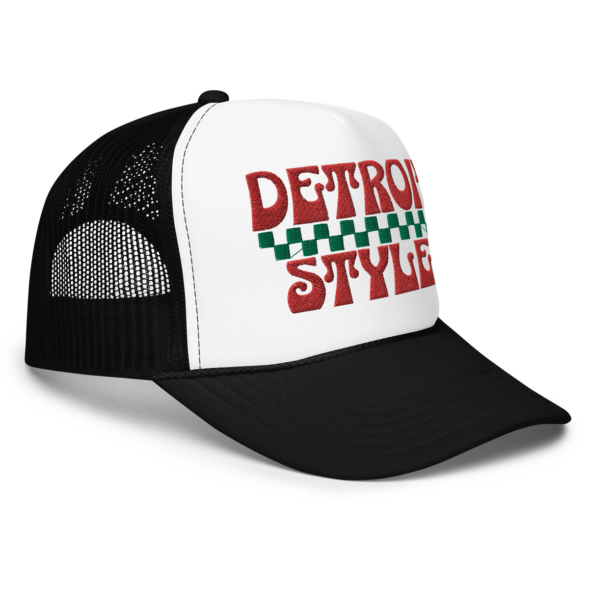 Detroit Style Foam Trucker Hat - Black & White - Embroidered with Red & Green Hat   