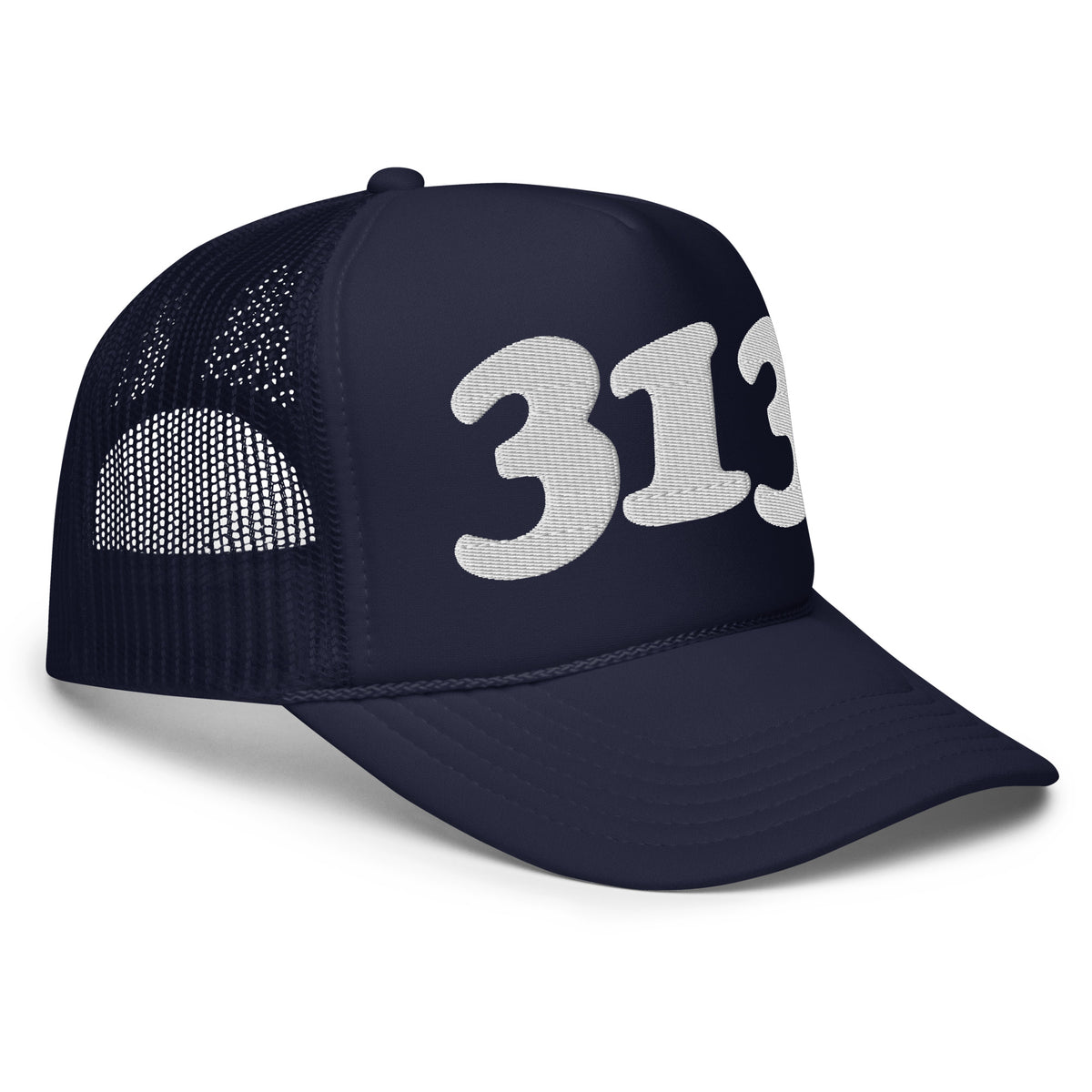 313 Detroit Foam Trucker Hat - Navy - Embroidered with White Hat
