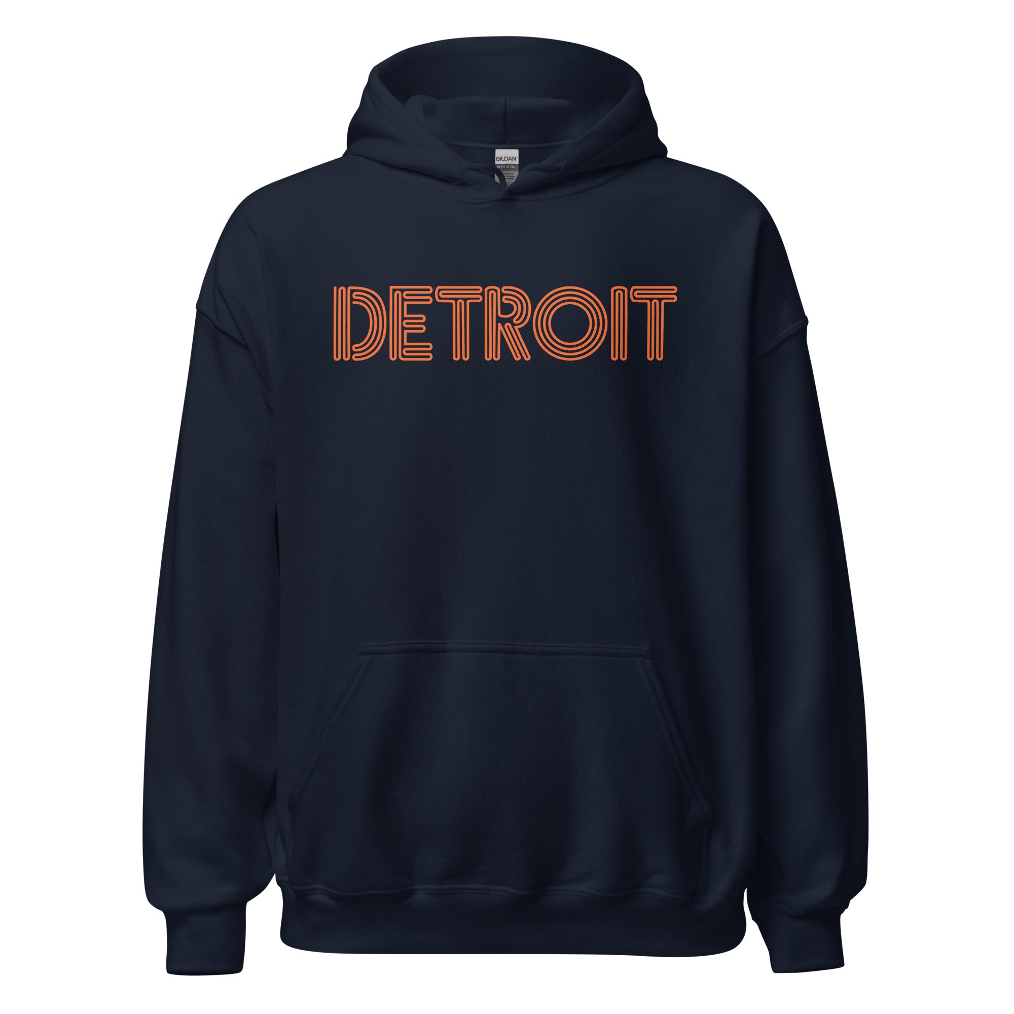 Detroit Neon Unisex Pullover Hoodie - Navy + Orange S