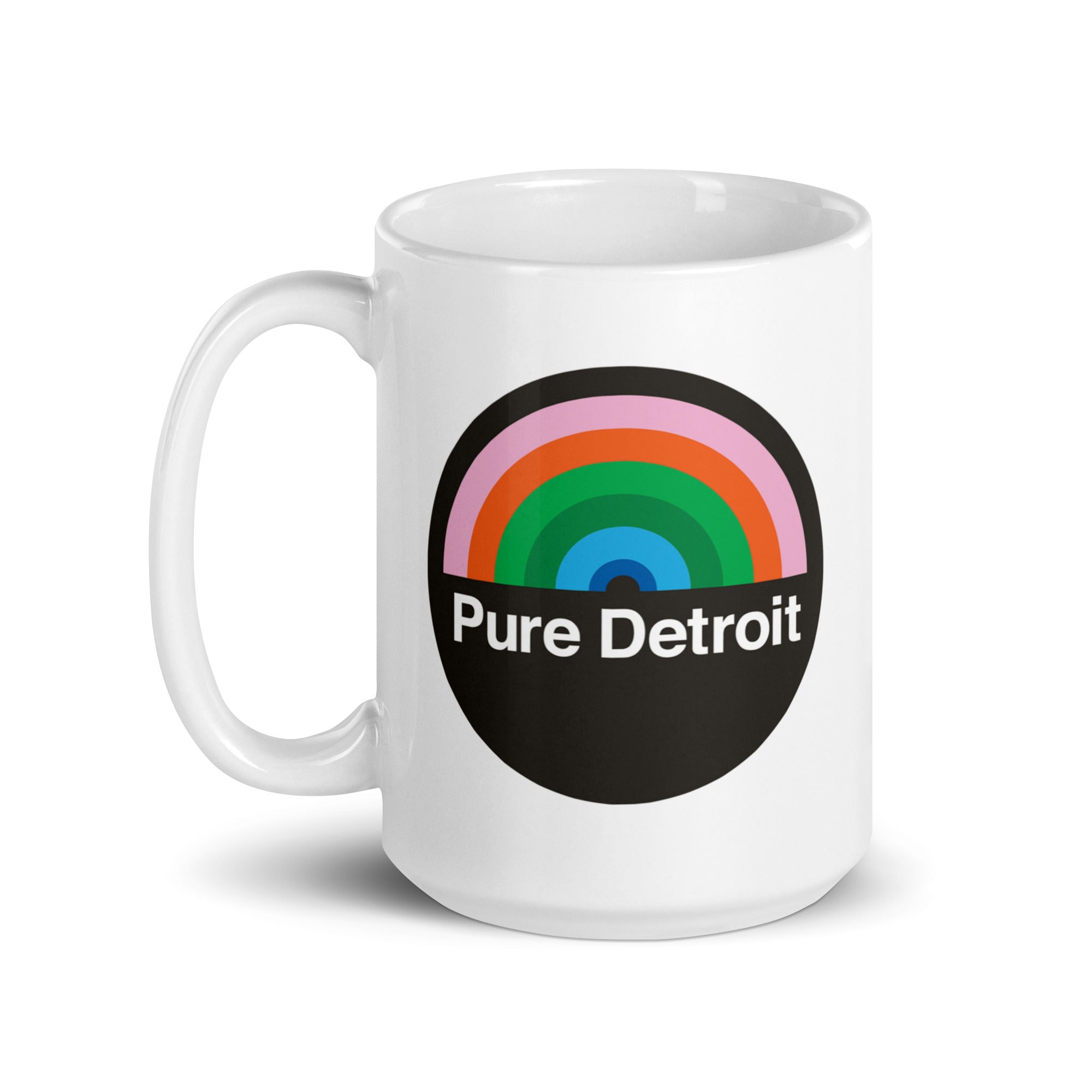 Pure Detroit Retro Rainbow Ceramic Coffee Mug 15 oz - White / Multicolor