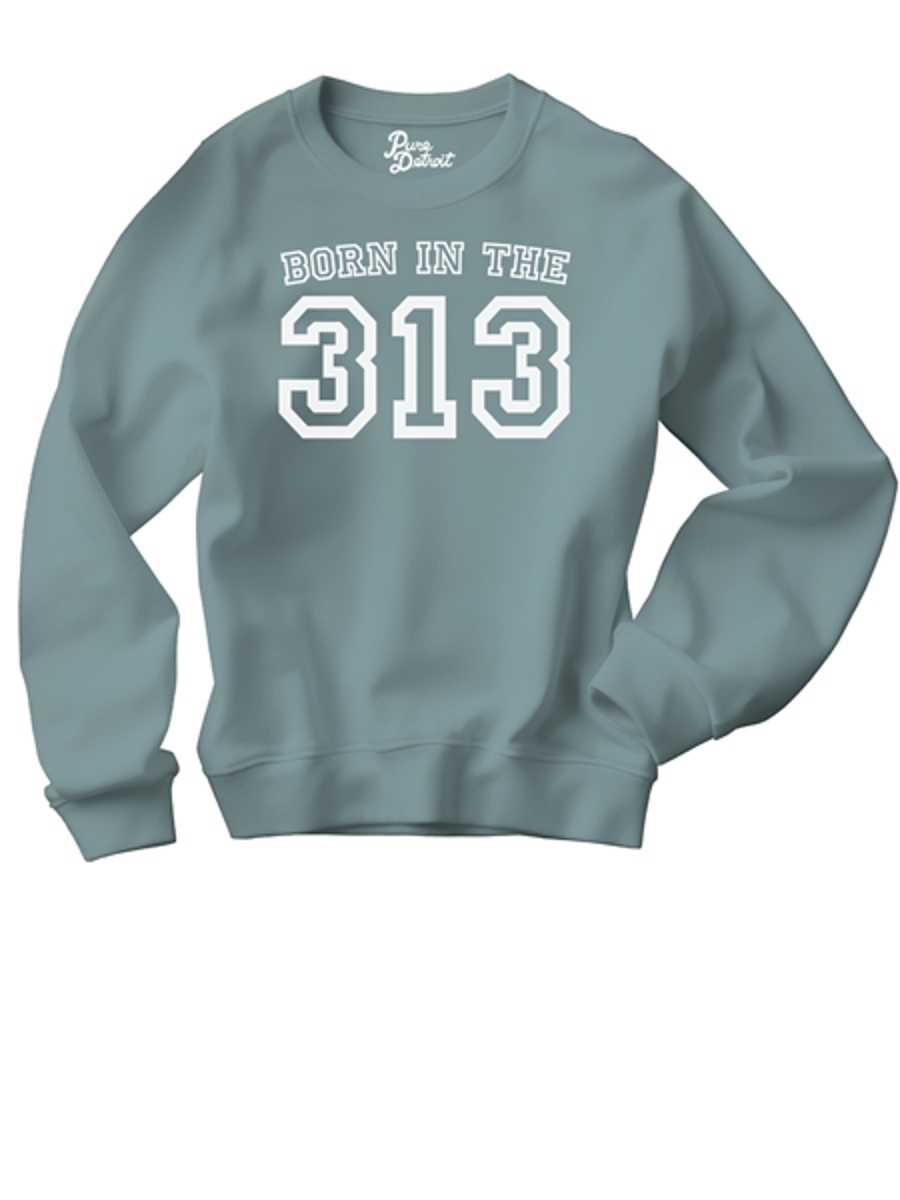 Born in the 313 Premium Sweatshirt - White / Blue Lagoon Clothing