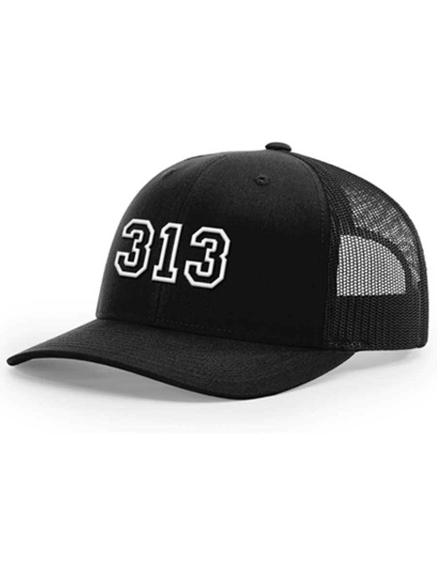 313 Snapback Trucker Hat - Raised Embroidery - White / Black Headwear   