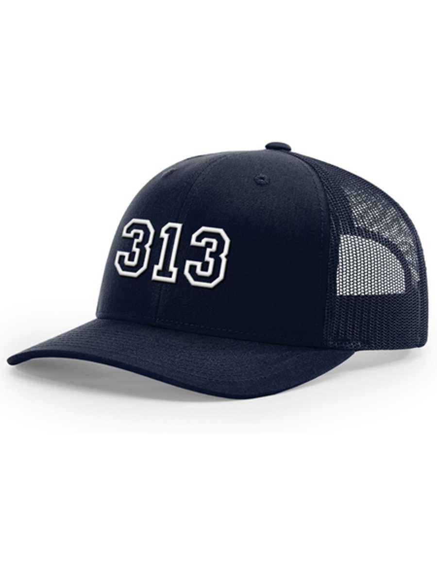 313 Snapback Trucker Hat - Raised Embroidery - White / Navy Headwear   
