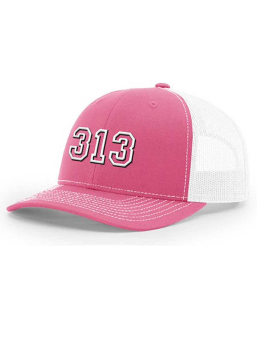 313 Snapback Trucker Hat - Raised Embroidery - White / Pink & White Headwear   