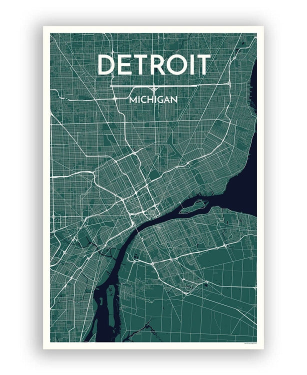 12" x 18" Detroit City Map Print - Jewel Wall Art   