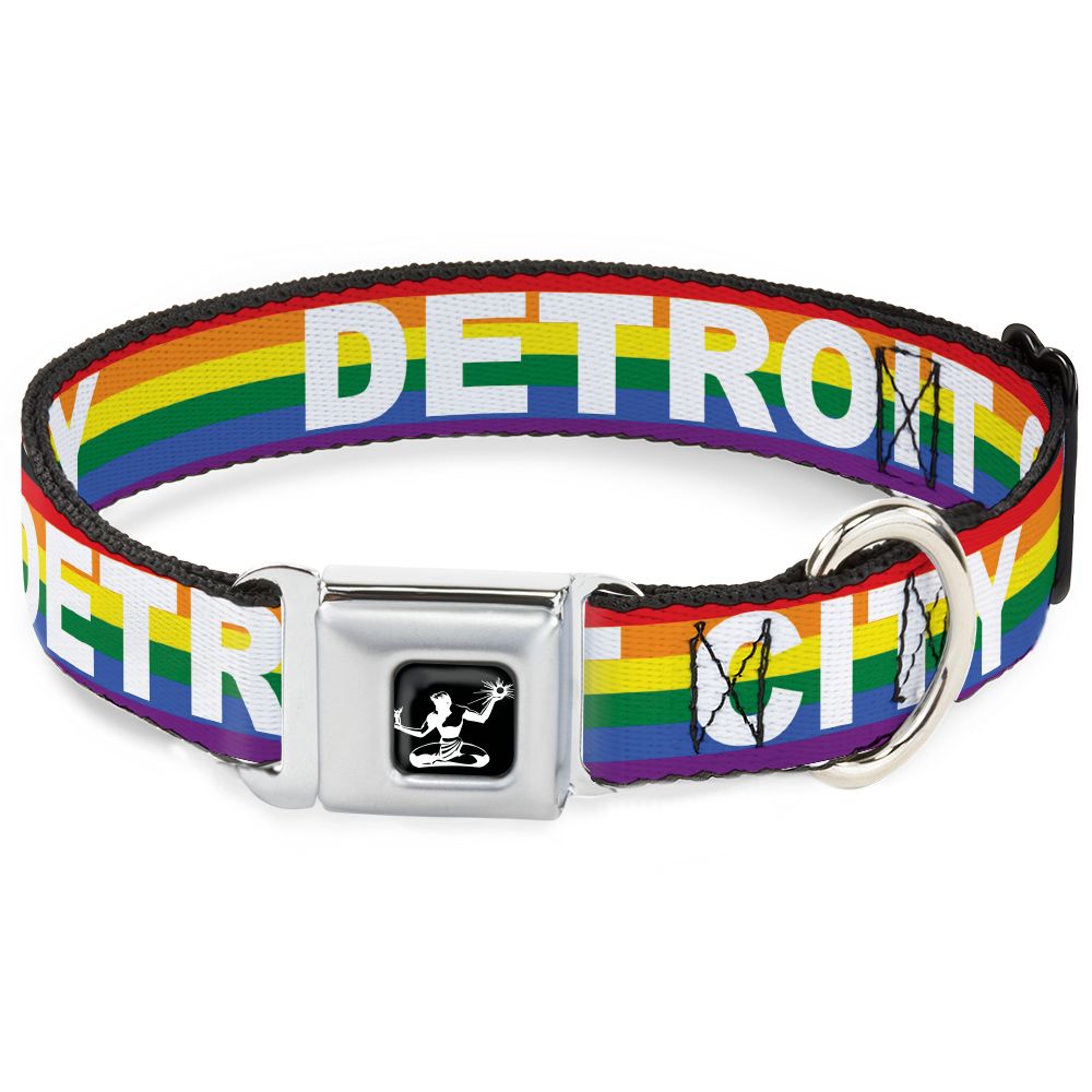 Spirit of Detroit Dog Collar / White Detroit City + Rainbow Stripe Dog Collar