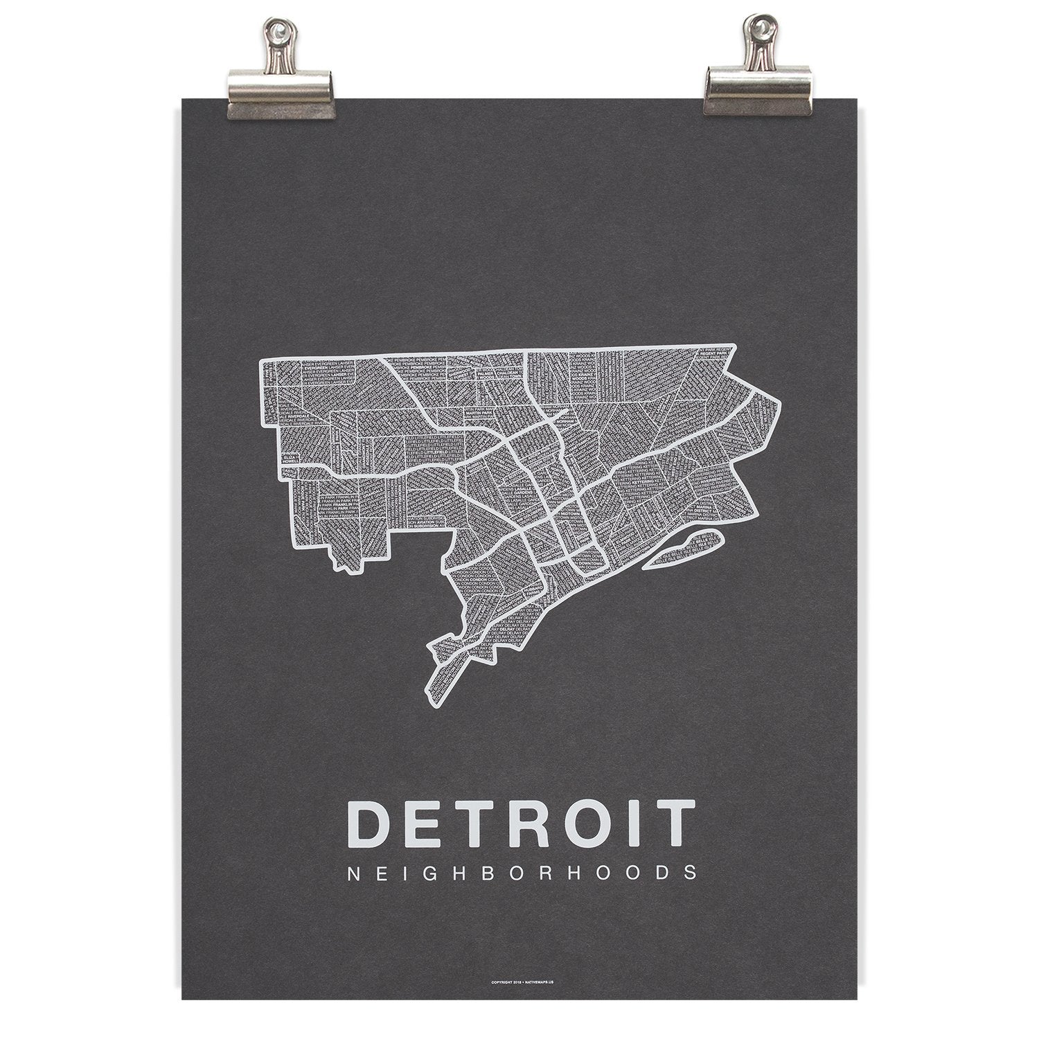 Detroit Neighborhood Map - Charcoal Wall Art