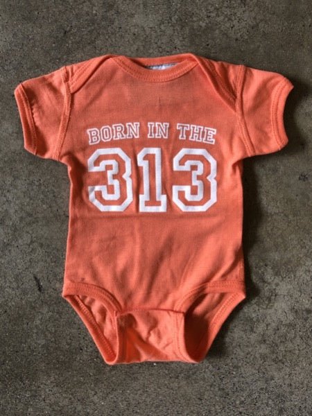 Born in the 313 Onesie / White + Papaya / Newborn Kid's Apparel