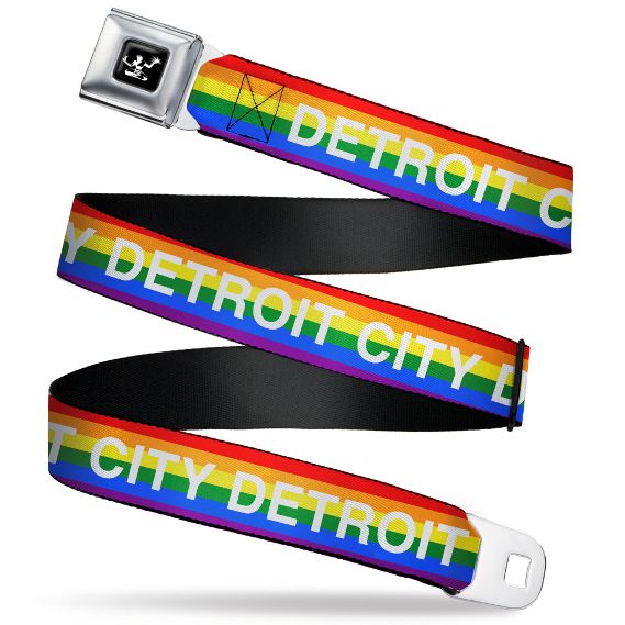 Spirit of Detroit Seatbelt Belt / White Detroit City Logo + Rainbow Webbing Belts