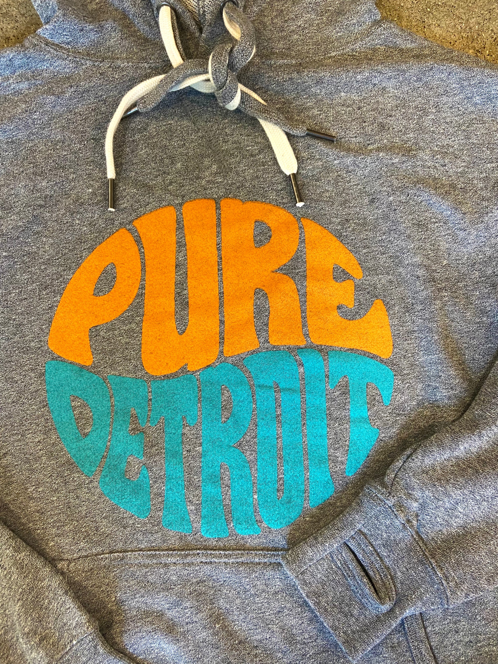 Pure Detroit Retro Terry Hooded Pullover /  Orange, Aqua + Heather Gray / Unisex Pullover