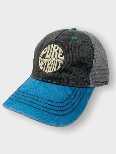 Pure Detroit Retro Trucker Adjustable Hat / Unisex/ Cream + Charcoal & Turquoise Hat