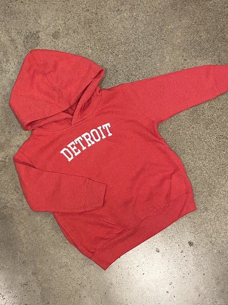 Detroit Collegiate Arch Toddler Hooded Sweatshirt / White + Vintage Red / Toddler Kid's Apparel   