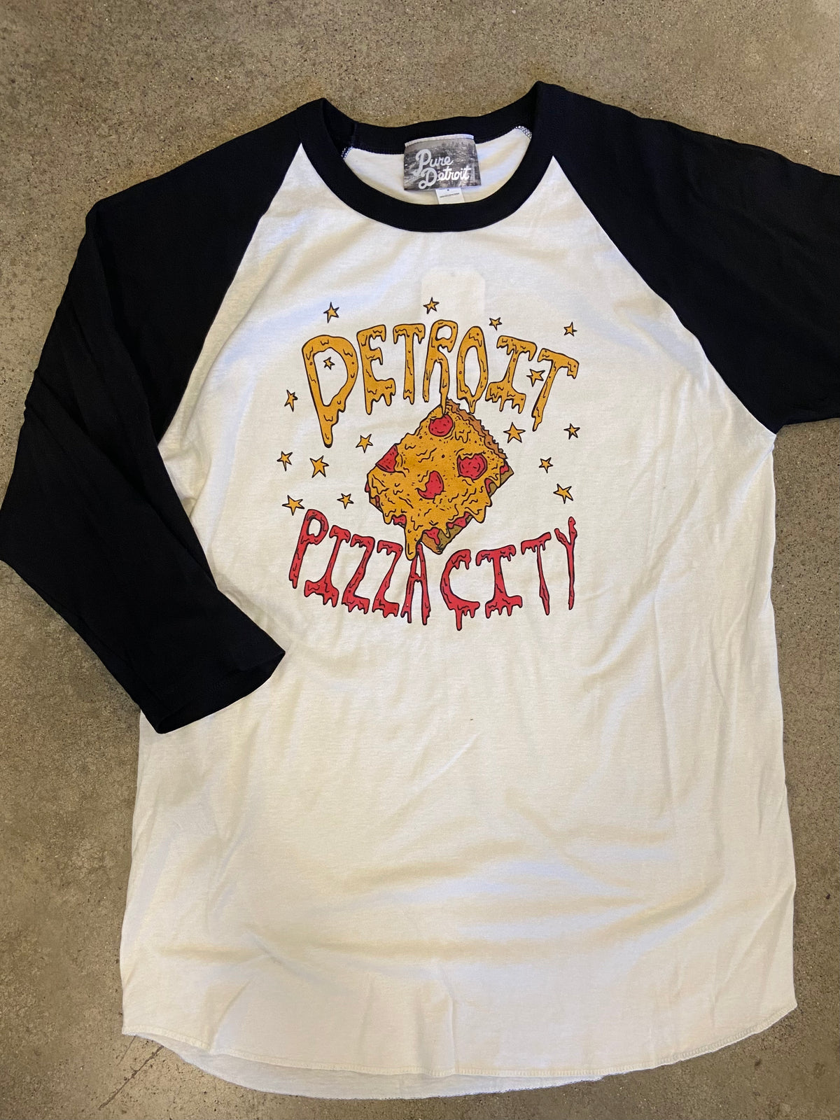 Detroit Pizza City Baseball Tee / White + Black / Unisex Unisex Apparel   