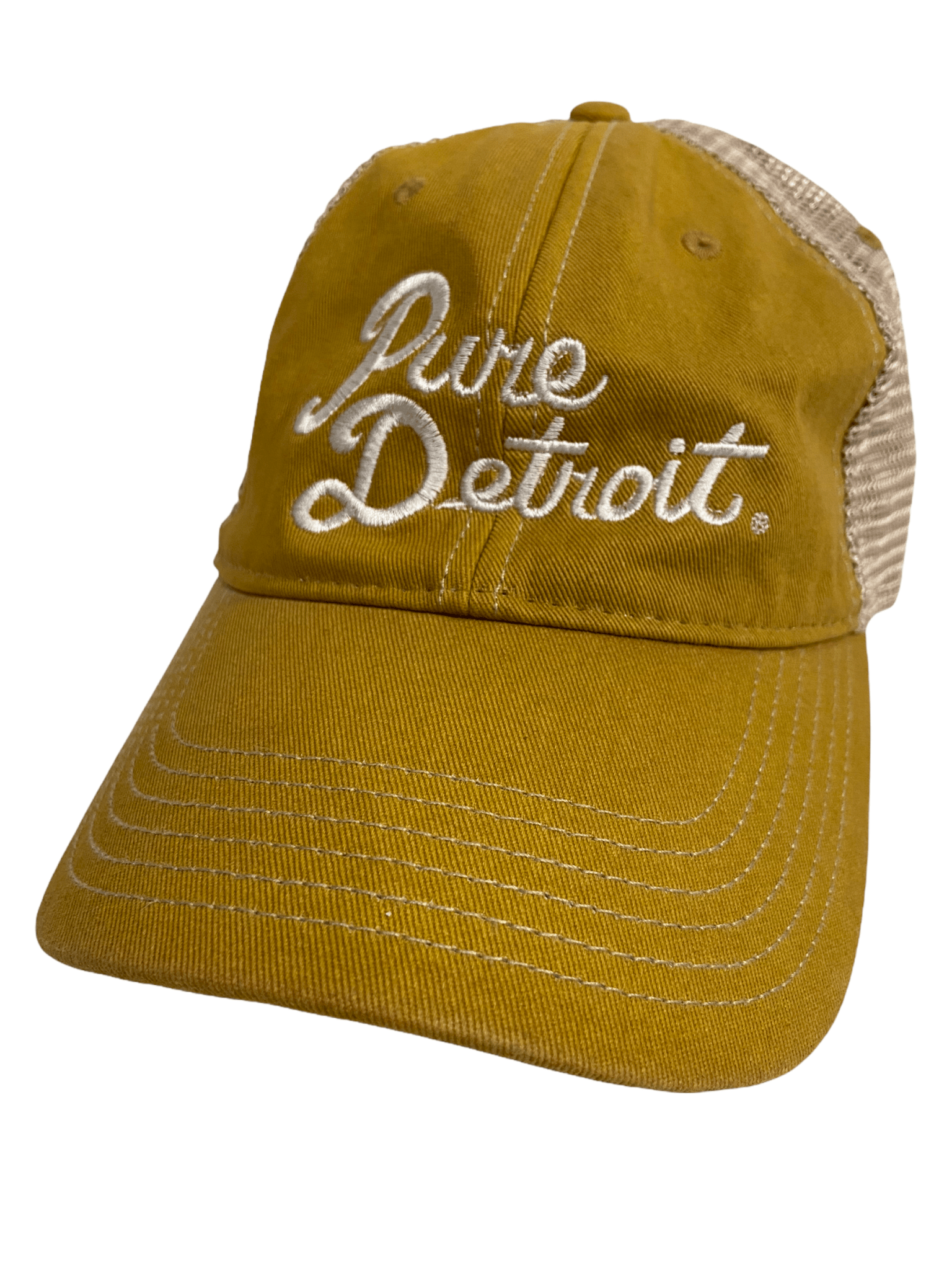 Pure Detroit Script Trucker Adjustable Hat / Unisex Hat White/Mustard