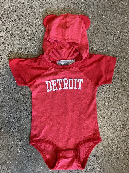 Detroit Collegiate Arch Bodysuit Onesie with Ears / White + Holly Berry / Newborn Kid's Apparel