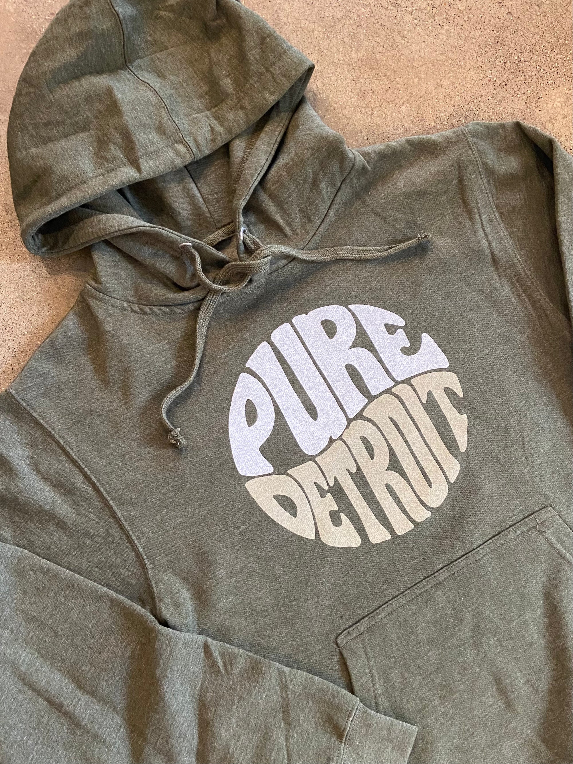 Pure Detroit Retro Hooded Pullover / White and Khaki + Army / Unisex Unisex Apparel