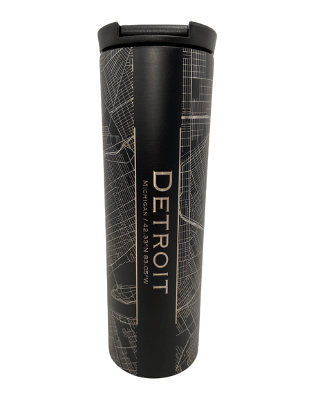 Map of Detroit Coffee Tumbler / Black glass
