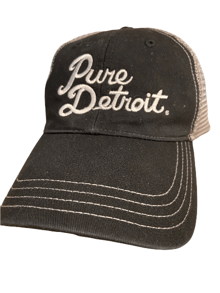 Pure Detroit Trucker Adjustable Hat / White + Black/Gray Hat Pure Detroit Script