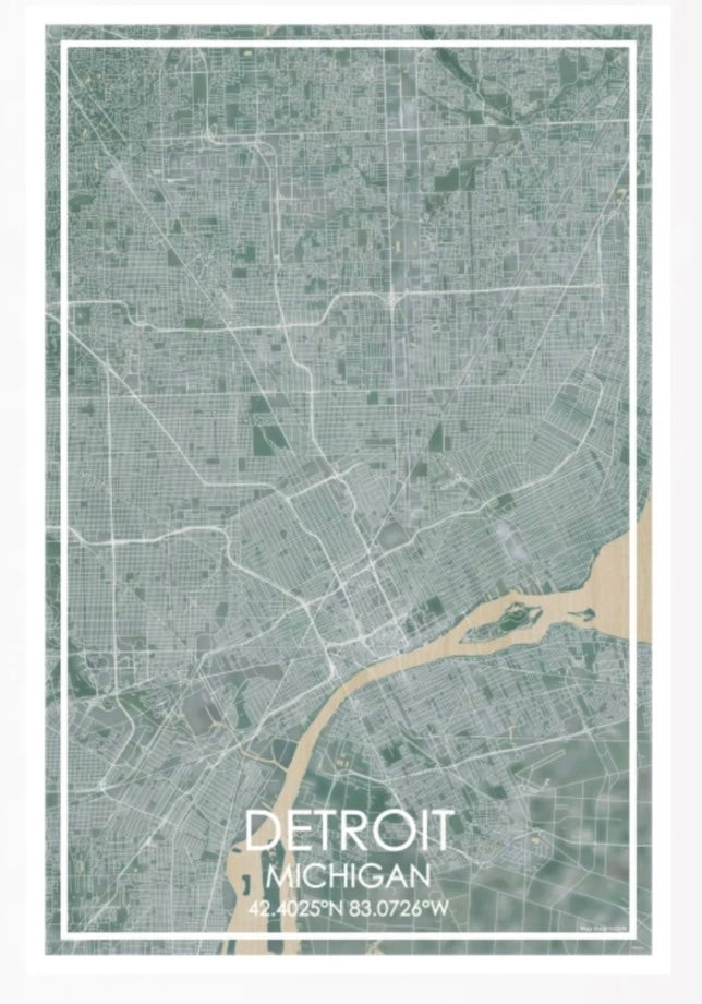 12" x 18" Detroit MI Map Print Woodblock/ Green - Vertical Wall Art   