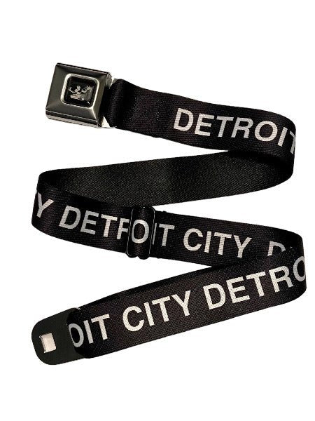 Spirit of Detroit Seatbelt Belt / White Detroit City Logo + Black Webbing Belts