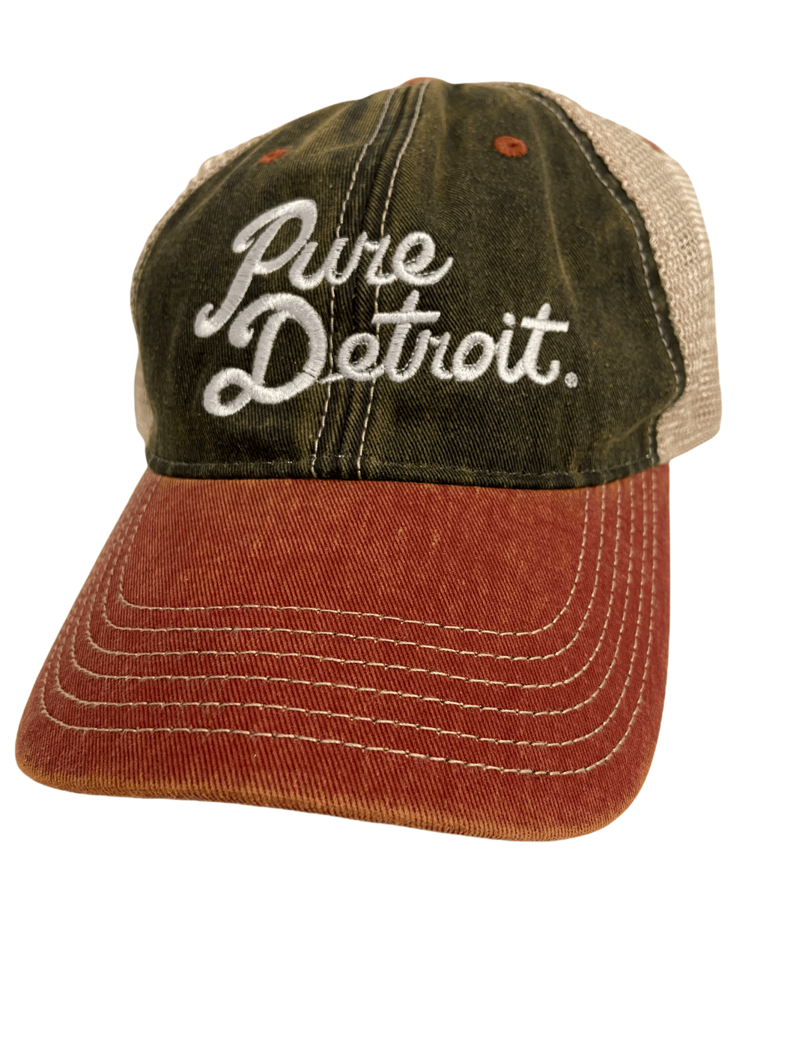 Pure Detroit Script Trucker Adjustable Hat / Unisex Hat White/Black/Brick